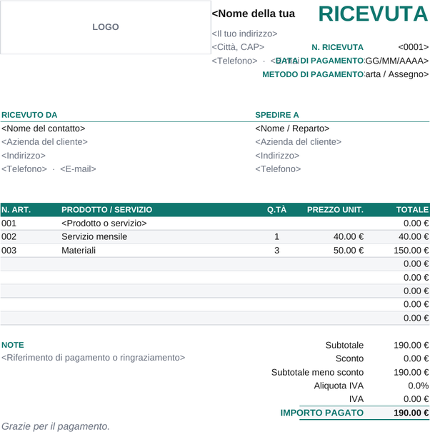 Modello di ricevuta dettagliata