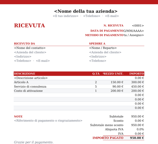 Modello di ricevuta carta intestata