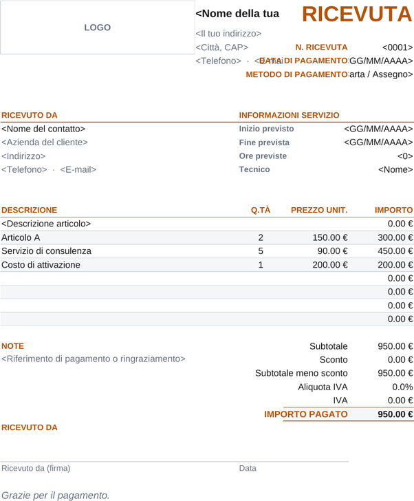 Modello di ricevuta prestazione