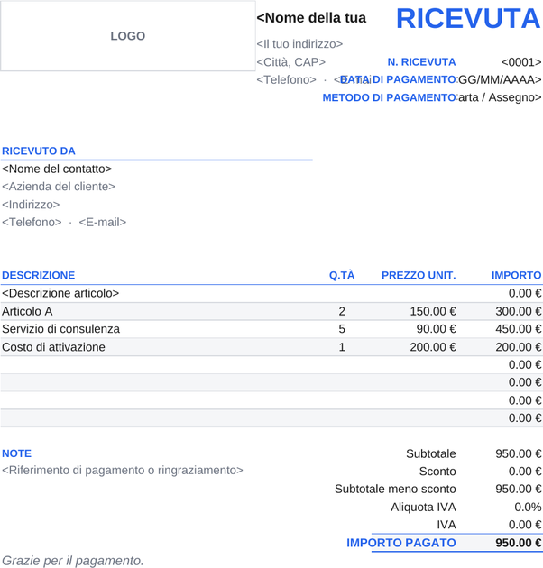 Modello di ricevuta semplice