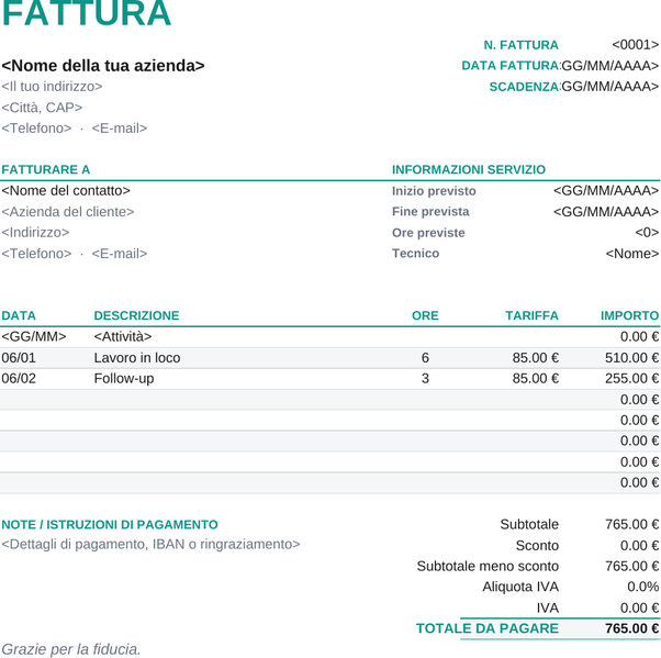 Modello di fattura foglio ore