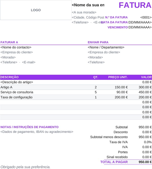 Modelo de fatura com entrada