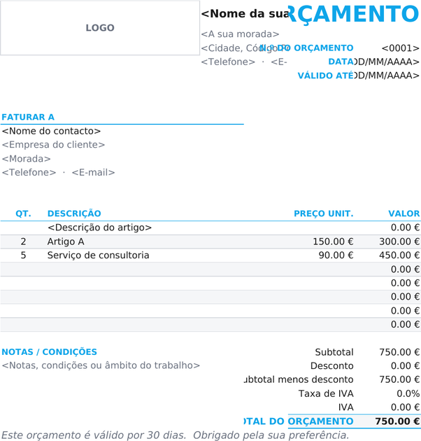 Modelo de orçamento compacto