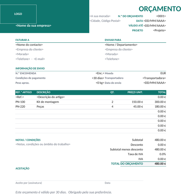 Modelo de orçamento empresarial