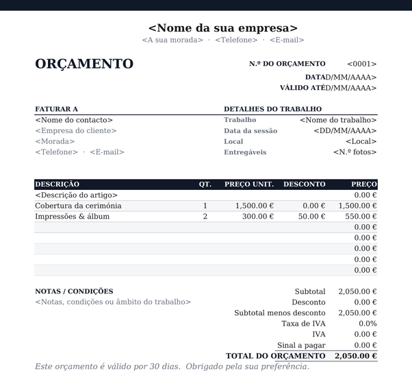 Modelo de orçamento criativo