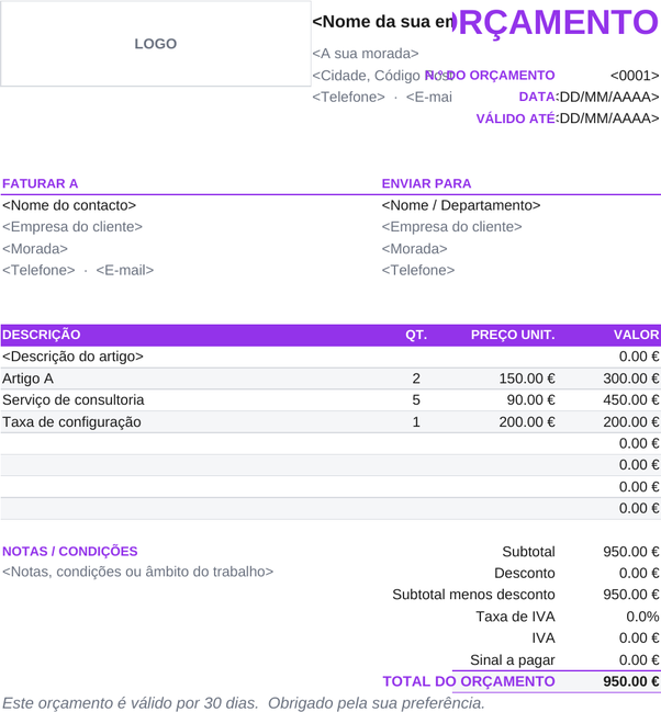Modelo de orçamento com entrada