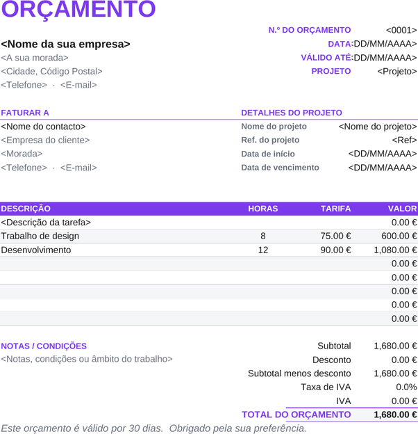 Modelo de orçamento freelancer