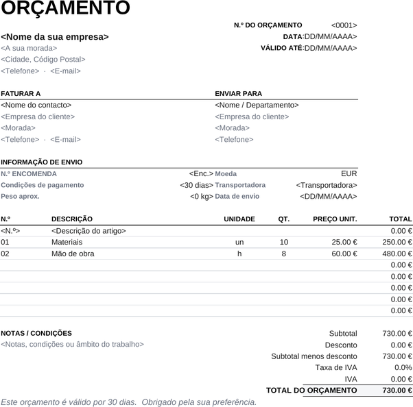 Modelo de orçamento para impressão
