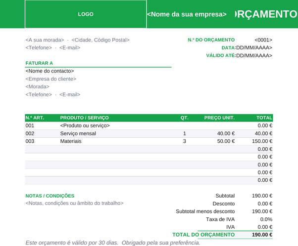 Modelo de orçamento de produto