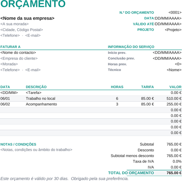 Modelo de orçamento de serviço