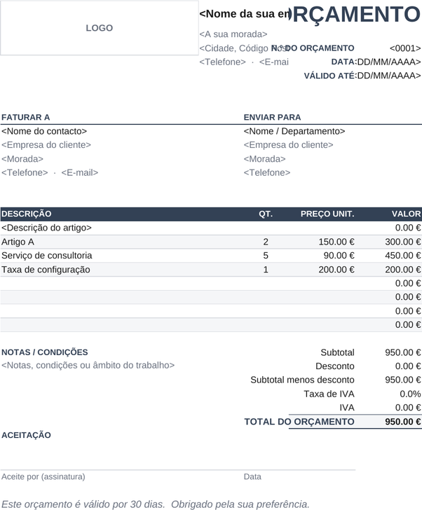 Modelo de orçamento para assinar