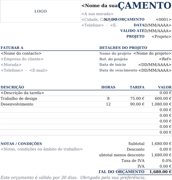 Modelo de orçamento com margens amplas