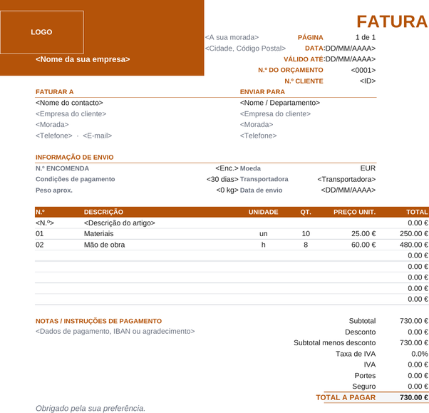 Modelo de fatura de exportação
