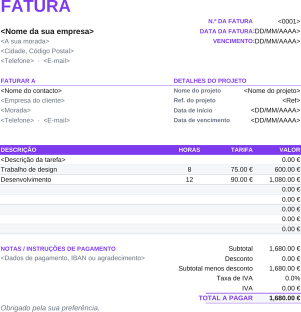 Modelo de fatura freelancer