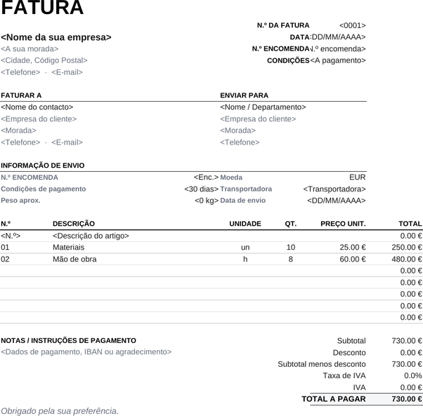 Modelo de fatura para impressão