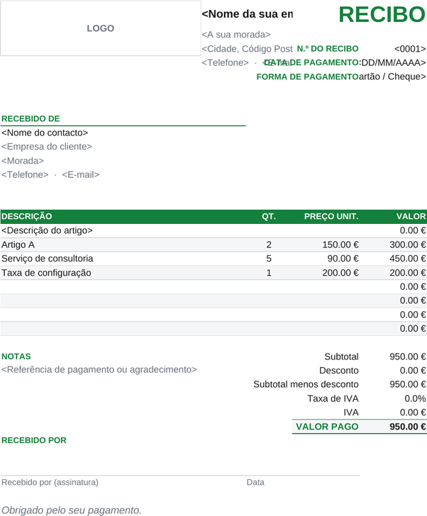 Modelo de recibo em dinheiro