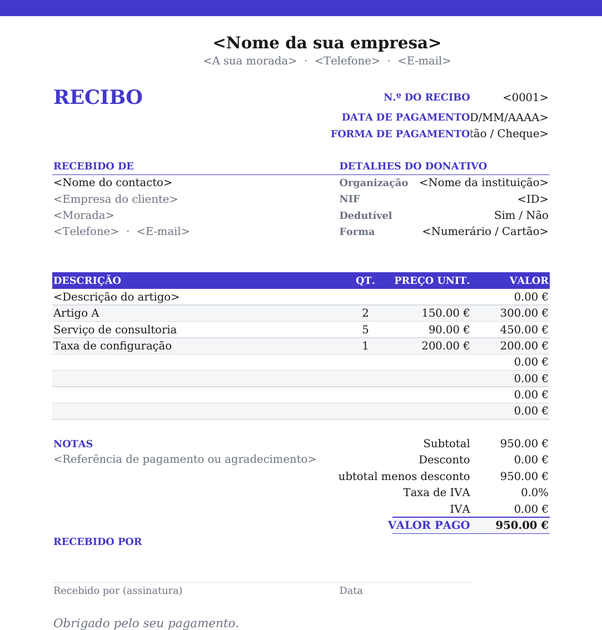 Modelo de recibo de doação