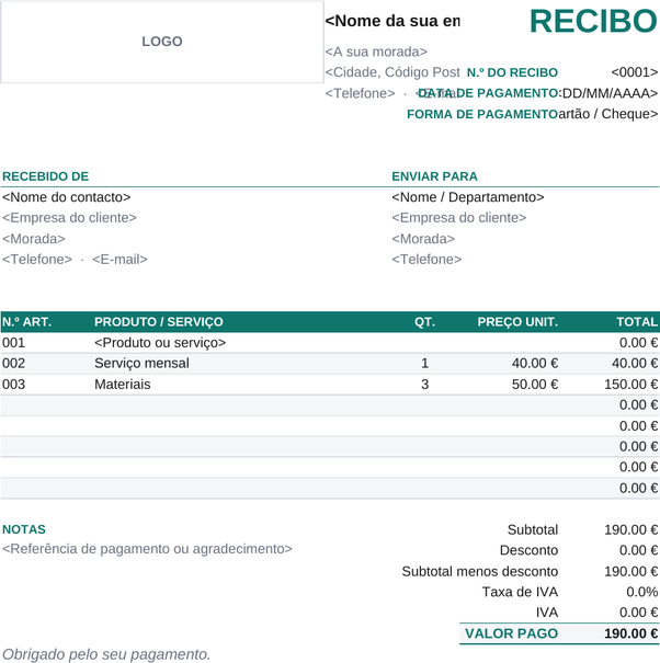 Modelo de recibo detalhado