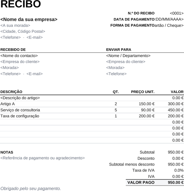Modelo de recibo para impressão
