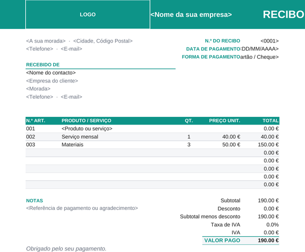 Modelo de recibo de venda