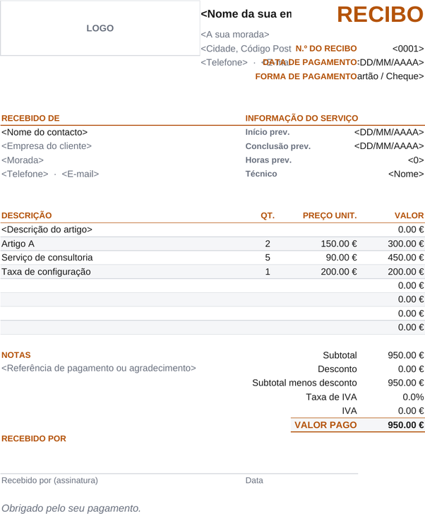Modelo de recibo de serviço
