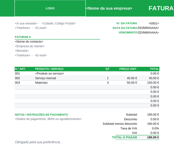 Modelo de fatura de comércio