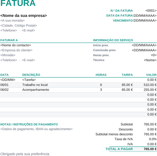 Modelo de fatura por hora