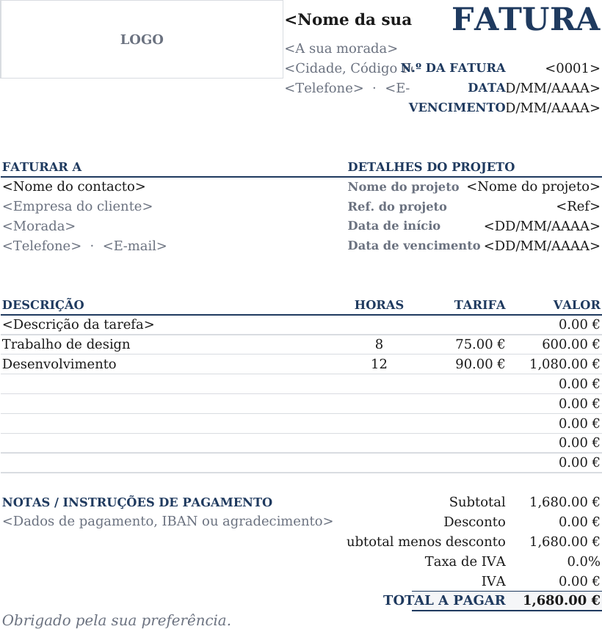 Modelo de fatura com margens amplas